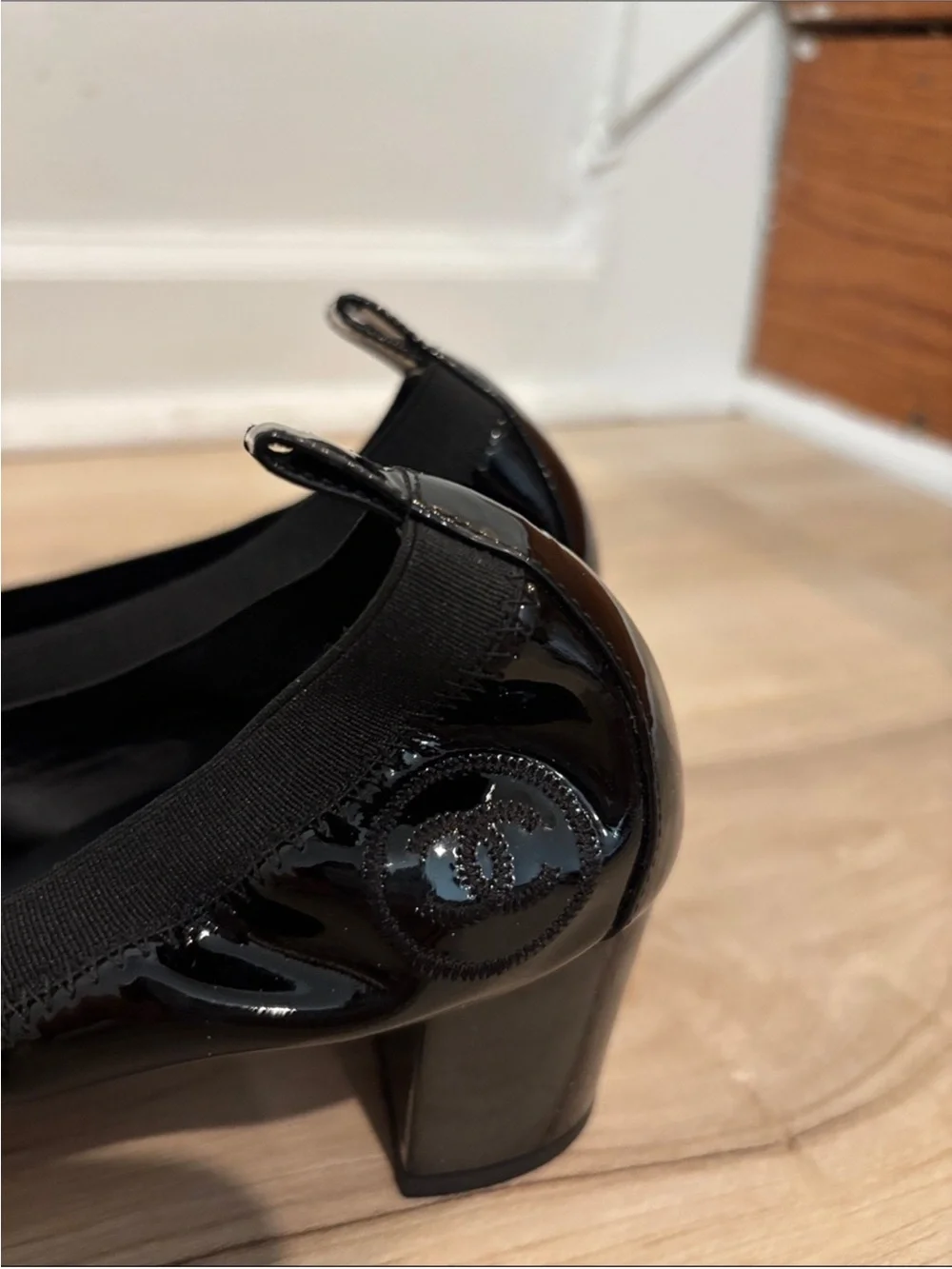CHANEL Black Patent Leather Mid Block Heel Pumps